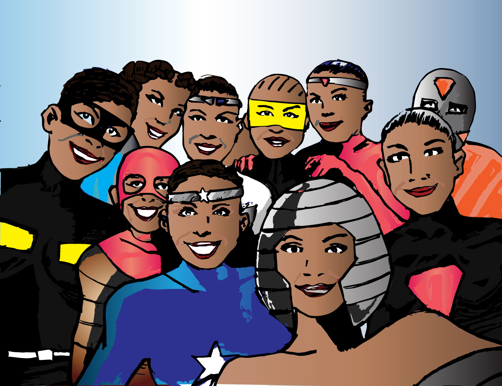 COLOR IMAGE GROUP SELFIE BLACK FEMAKE SUPERHEROES