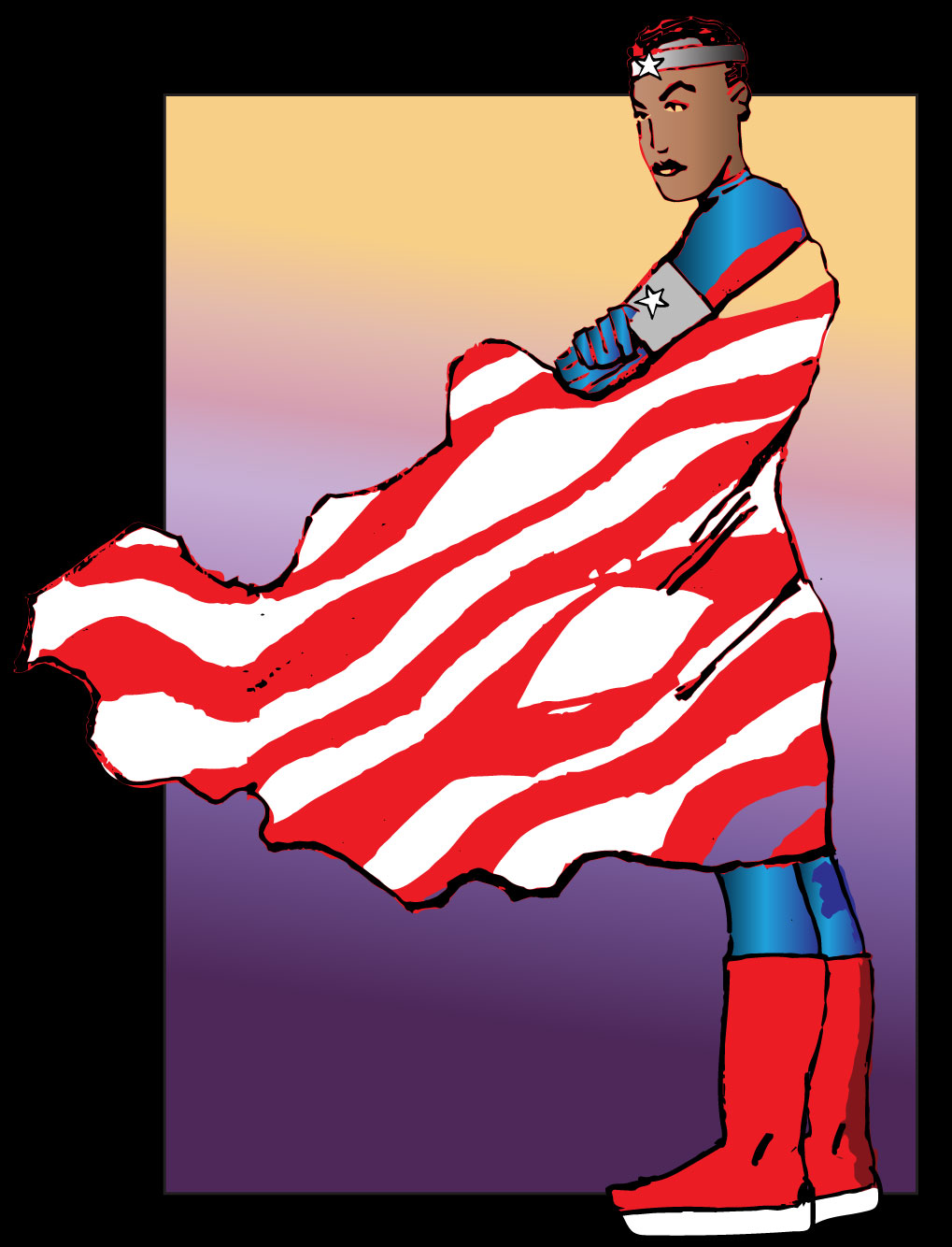 COLOR IMAGE BLACK FEMALE SUPERHERO STAR MAJOR STOIC AMERICAN FLAG